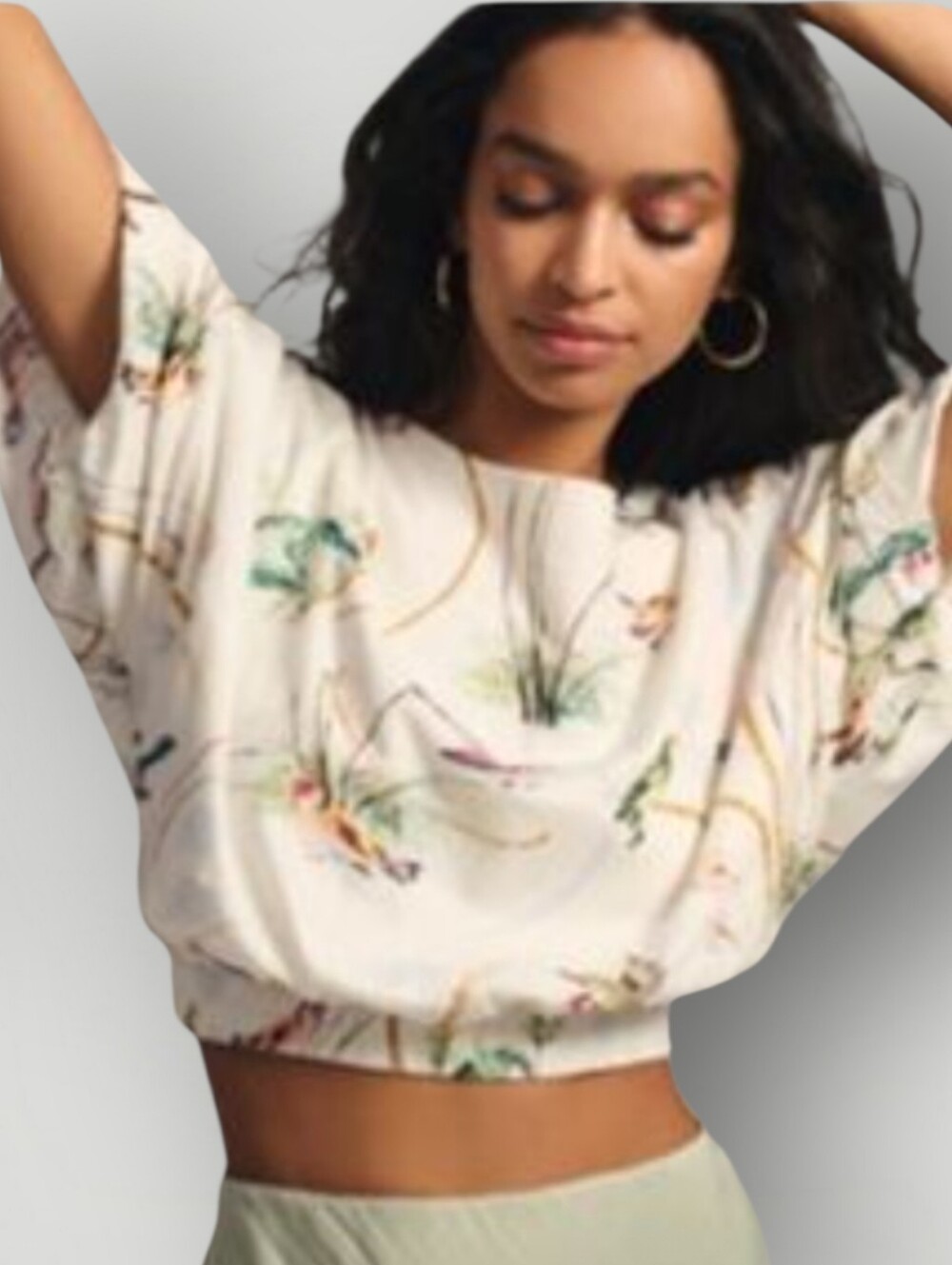 Maeve Anthropologie Bird Print Bubble Crop Top Ivory XXS Dolman Sleeve